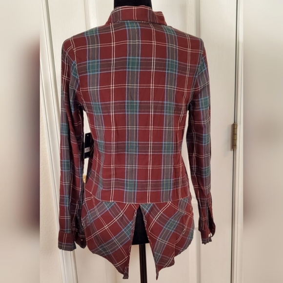 Lucky Brand NWT women's burgendy & greens plaid long sleeve button shirt sz XS - Picture 4 of 14